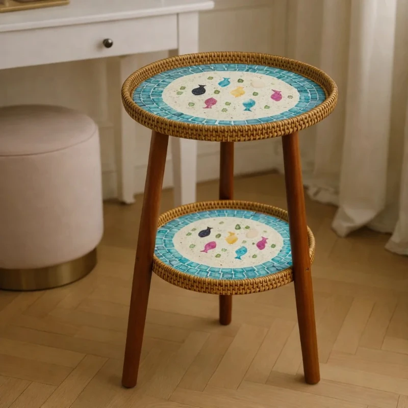 Scandinavian Handmade Rattan Two Tier Side Table, Colorful Fish Mosaic Round End Table for Living Room, Bedroom and Sofa Area