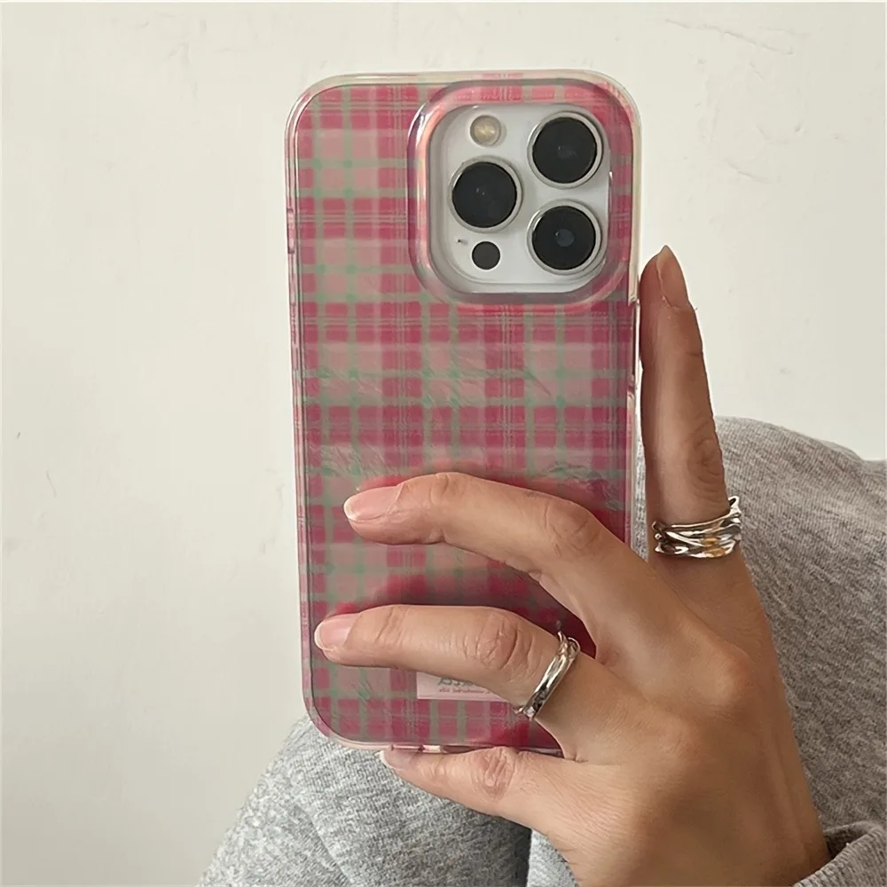 Cute Dopamine Color Block Match Plaid Clear Phone Case for iPhone 17 16 15 14 13 12 11 Pro Max 7 8 Plus X Pink Tartan Soft Cover