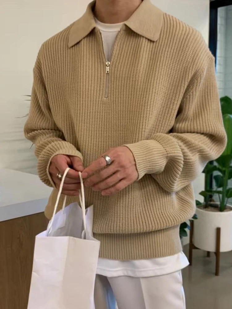 

Casual Textured Knitting Polo Shirts Men's Fashion Long Sleeve Knit Sweater Vintage Turn-down Collar Zip-up Sweaters AutumnMen