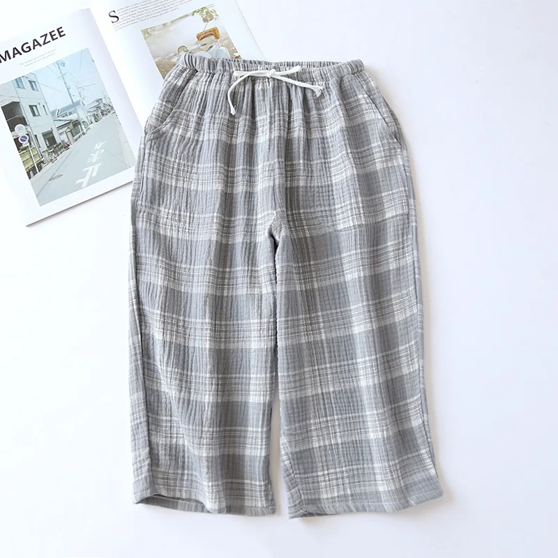 2024summer couple 100% cotton crepe cloth shorts multicolor large size loose plaid men\'s home pants cropped pants ladies bottoms