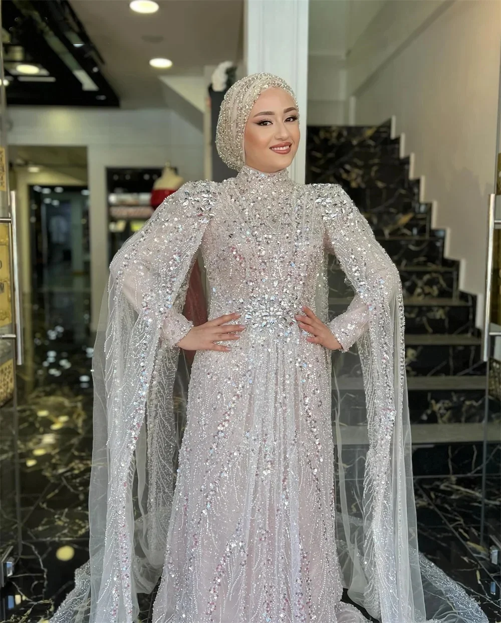 Muslim High Neck Wedding Dresses Sequins Pearls Bridal Gowns with Cape Crystal Long Sleeves Customized Bride Vestidos De Novia