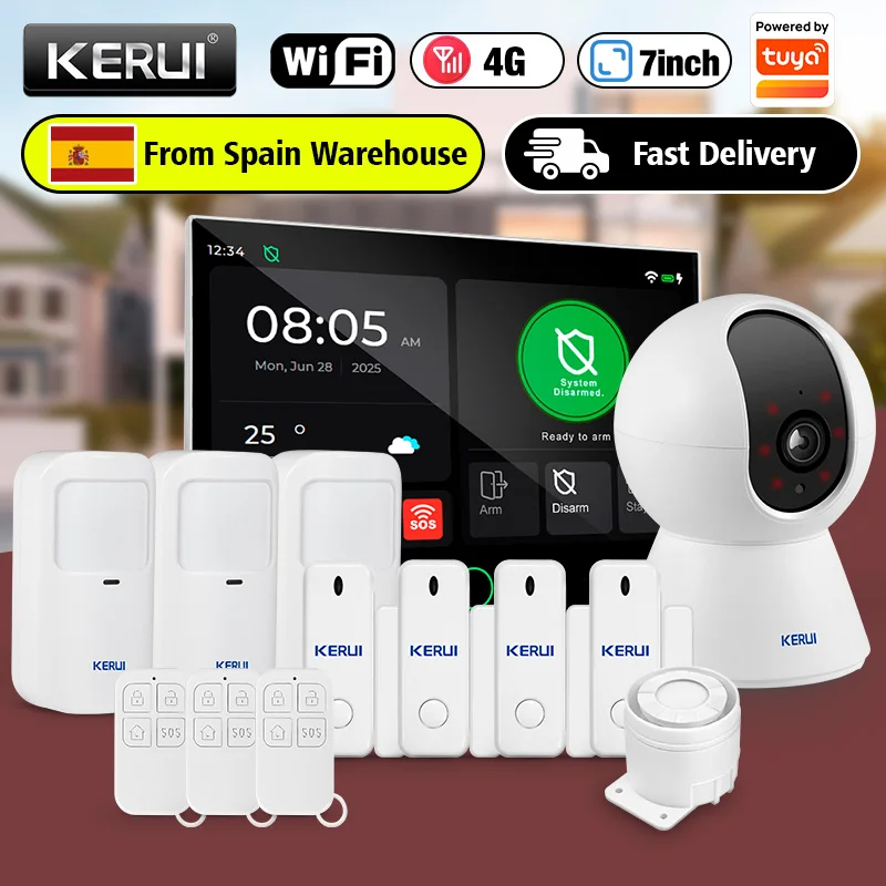 Kit de système d'alarme domestique KERUI WiFi + 4G, écran tactile de 7 pouces, alarme anti-cambriolage, protection de sécurité FSK/ASK, fonctionne avec capteur Tuya 433MHZ