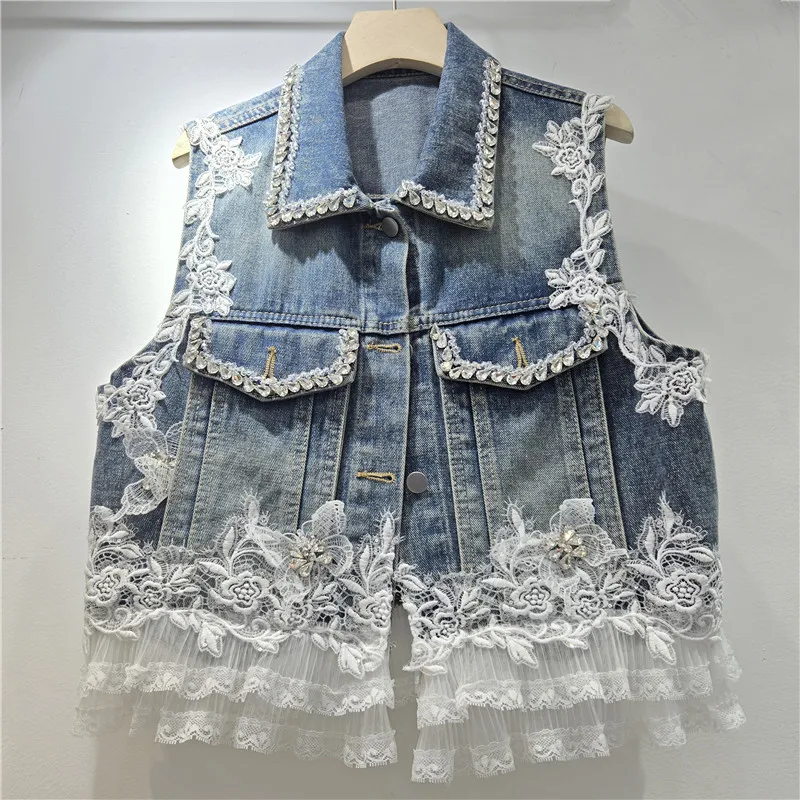 Denim-Mäntel für Damen mit Umlegekragen, Einreihige Ärmellose Jacken mit Spitzeneinsatz, Vintage-Perlen-Verzierung, Lässige Arbeitsjacke, Sommer 2026