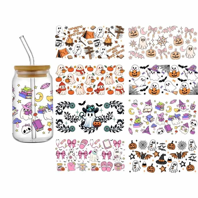 3D Halloween Cartoon UV DTF Wraps Cup 16oz Spooky Theme Transfer Aufkleber Heißer Verkauf Langlebige wasserdichte Aufkleber Modedesign