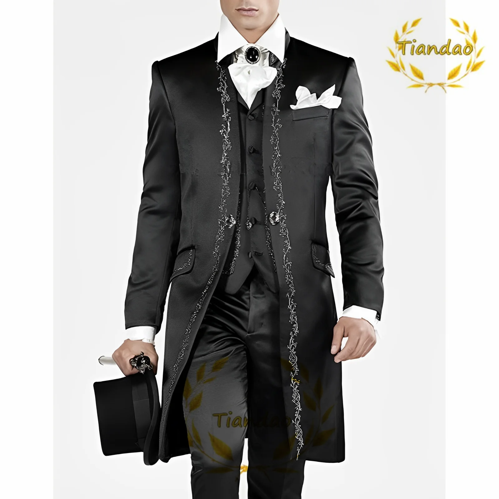 2023 Mens Embroidery White Mandarin Lapel Tail Tuxedos Evening Wedding/Prom Best Man Blazer 3 Pieces Men Suits Costume Homme