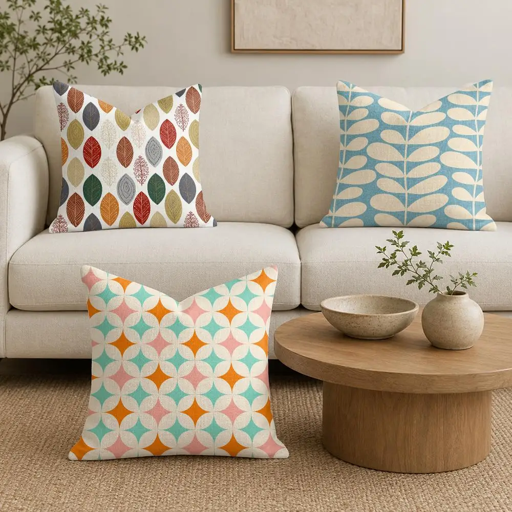 Mid Century Seamless Cushion Cover Natural Linen Organic Fabric Double-Sided Printing Sofa Home Decor Gift Pillow Cover