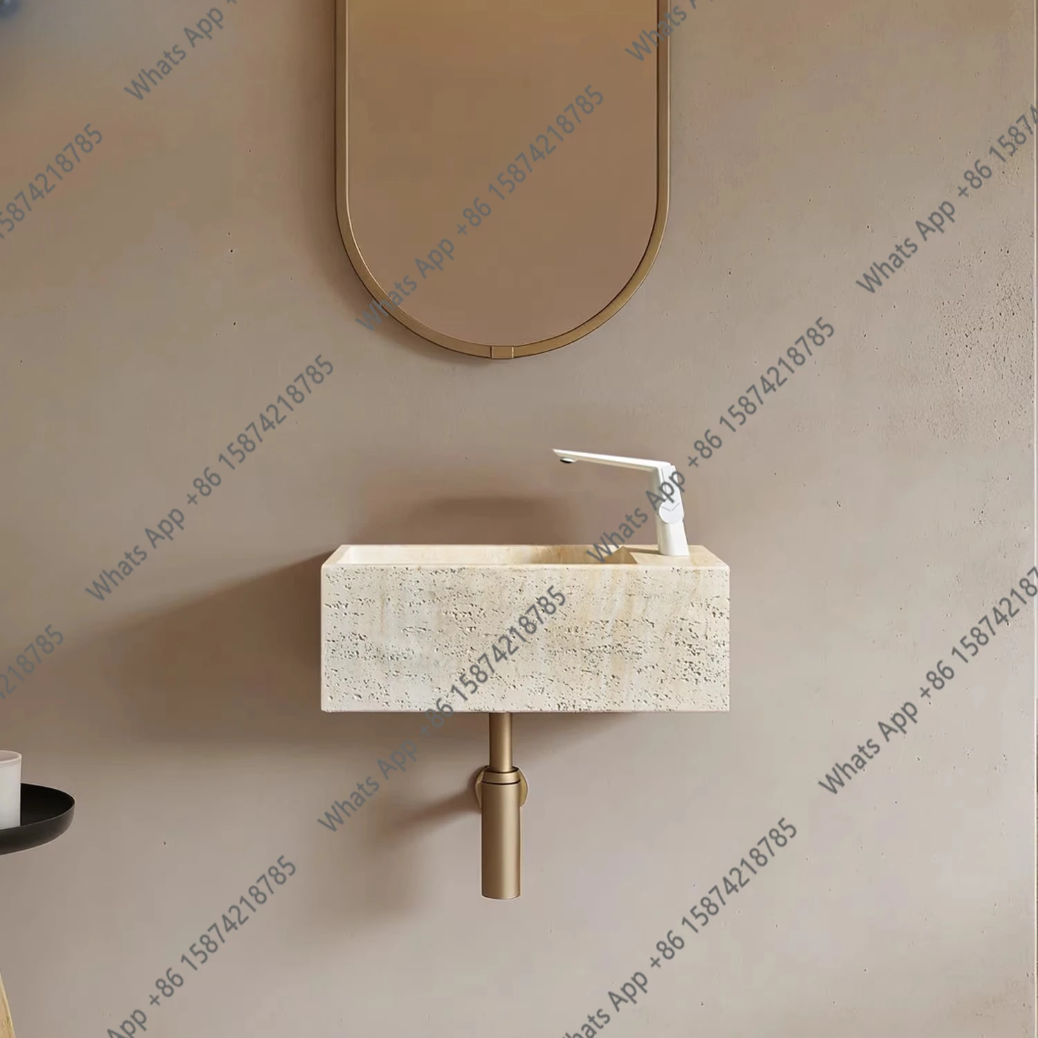 

Настенная раковина из натурального травертина в стиле средневекового ваби-саби, дизайнерская, высококачественная, компактная.