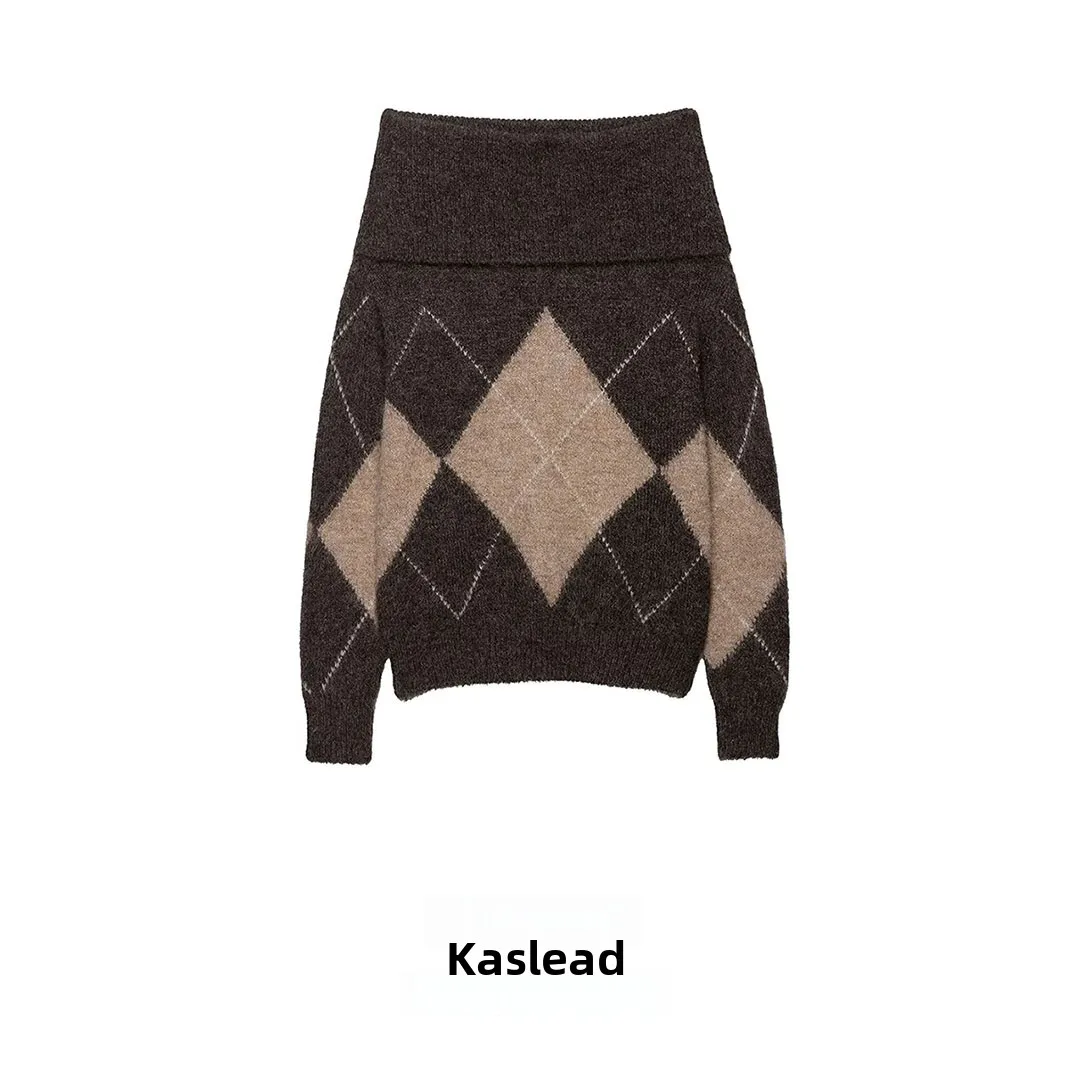 

KASLEAD Faionable Diamond Pattern Трикотаж с открытыми плечами Женский свободный крой Long Sve Полиэфирное волокно Одно плечо Sle