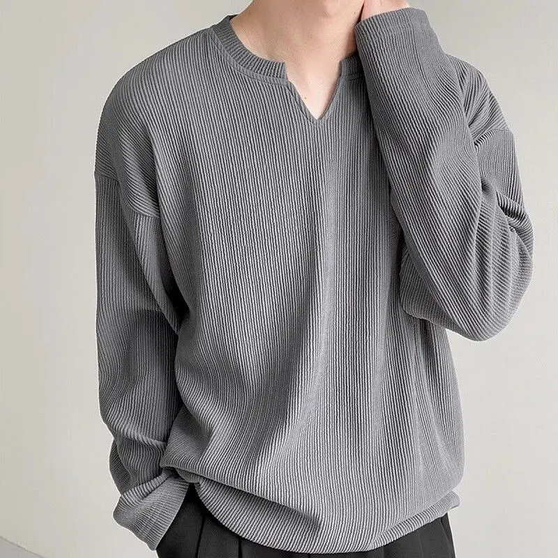 Spring Autumn New V-neck Fashion Long Sleeve T-Shirts Man Solid Color Striped Pullovers High Street Casual Loose Comfortable Top