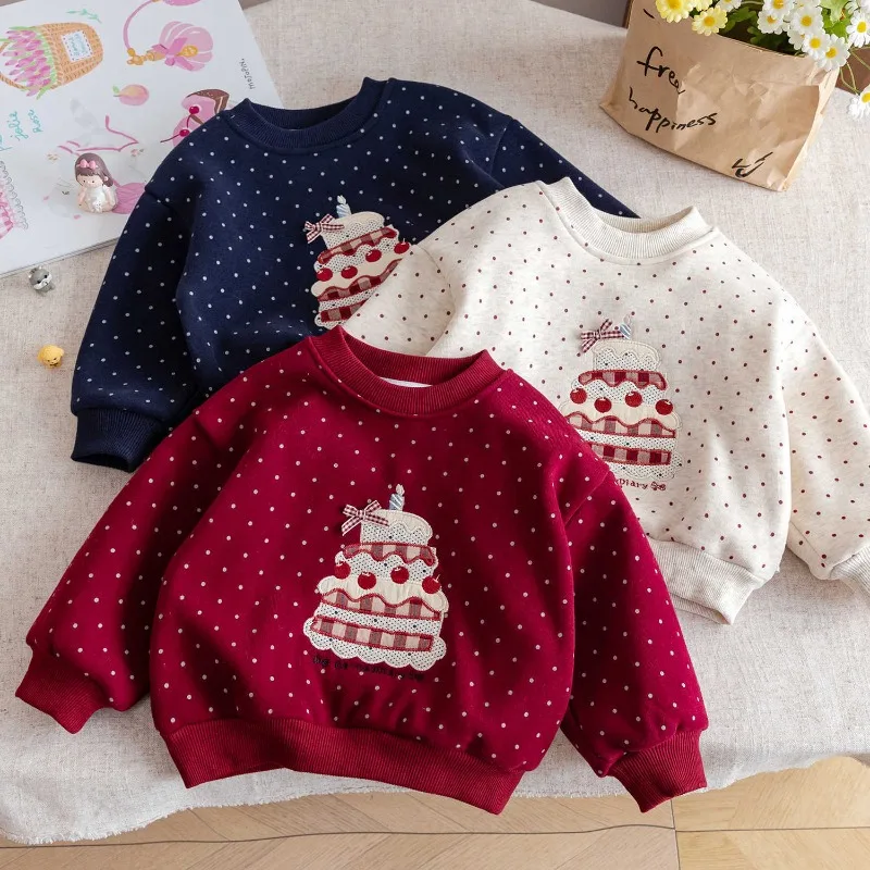 Girls Sweatshirts Winter Autumn 2025 Baby Velvet Princess Tops Children's Polka Dot Pullovers Fleece Kids Sweater Clothing