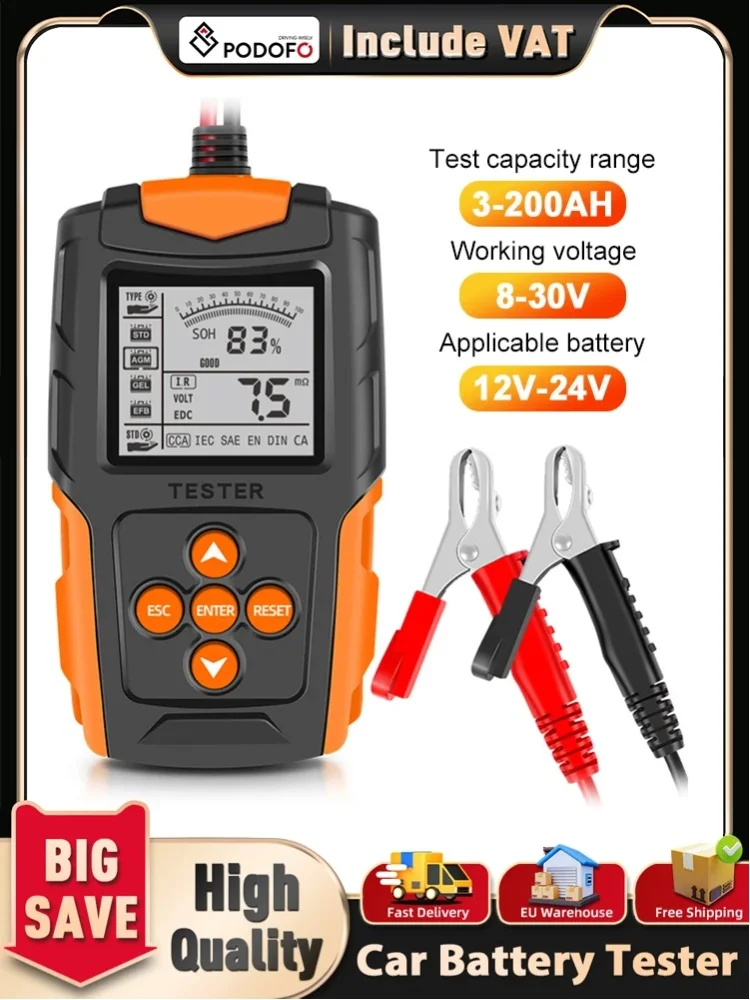 Podofo 12V/24V Autobatterie-Tester LCD Digital Fahrzeug-Start- und Ladeanalysegerät Diagnose-Batterieanalysator für 12V/24V Batterien