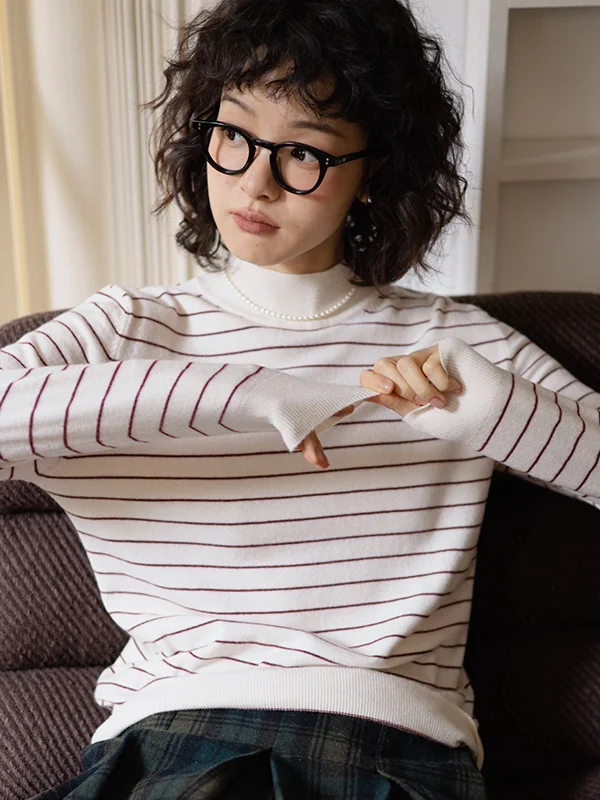 

GOOZA Wool Blend Striped Base irt Soft Comfortable Lightweight Skin-friendly Warm Women's Knitted Sweater Commute Sle