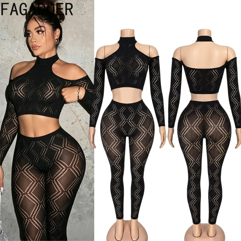 FAGADOER Sexy 2 Piece Knit Set Women Geometric Hollow Out Crop Top High Waist Leggings Stretchy Sheer Mesh Matching Outfit New