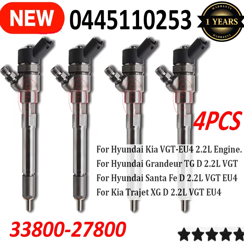 4PCS 3380027800 0445110253 High Quality Injector 0 445 110 253 Nozzle for D4EB HTI 0445110254 0986435155 33800-27800