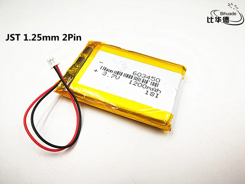 10pcs/lot JST 1.25mm 2Pin Good Qulity 3.7V,1200mAH,603450 Polymer lithium ion / Li-ion battery for TOY,POWER BANK,GPS,mp3,mp4