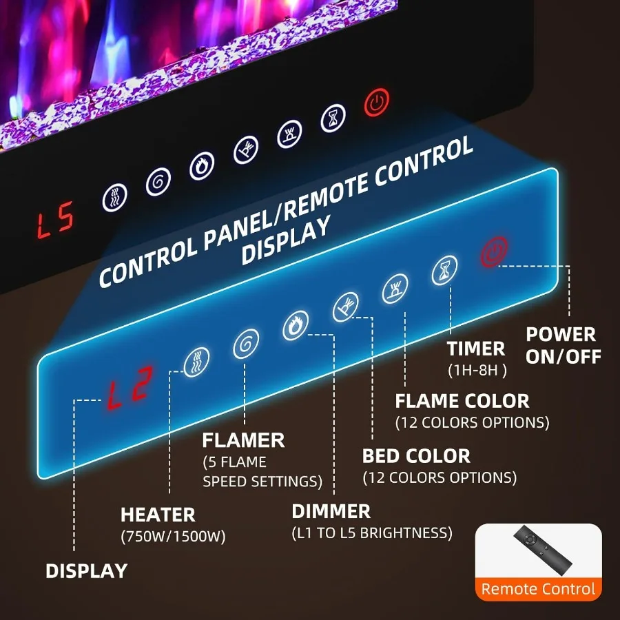 50 inches Electric Fireplace for Living Room Wall Mounted with Remote Control Timer Dimmer 12 Flame Colors 750 1500W Ultra Thin
