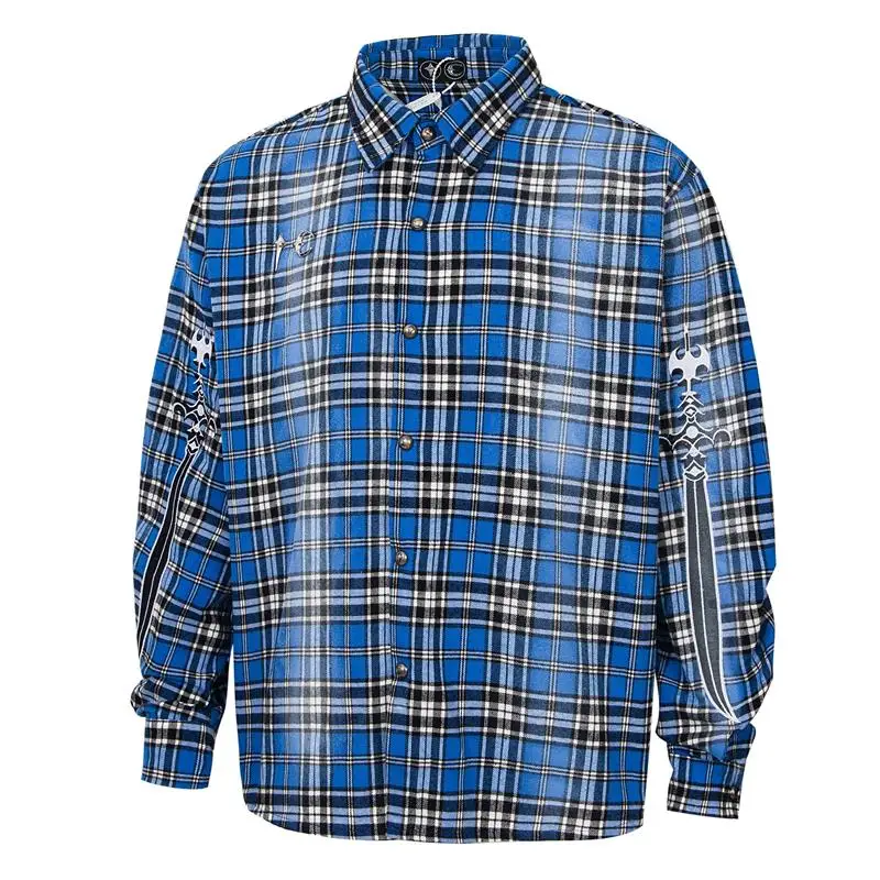 New 2025 Men Fashion Plaid Thug Club Metal Star Sword Cotton Casual Shirts Shirt High Pocket Long-sleeves Size 1 2 3 #C34