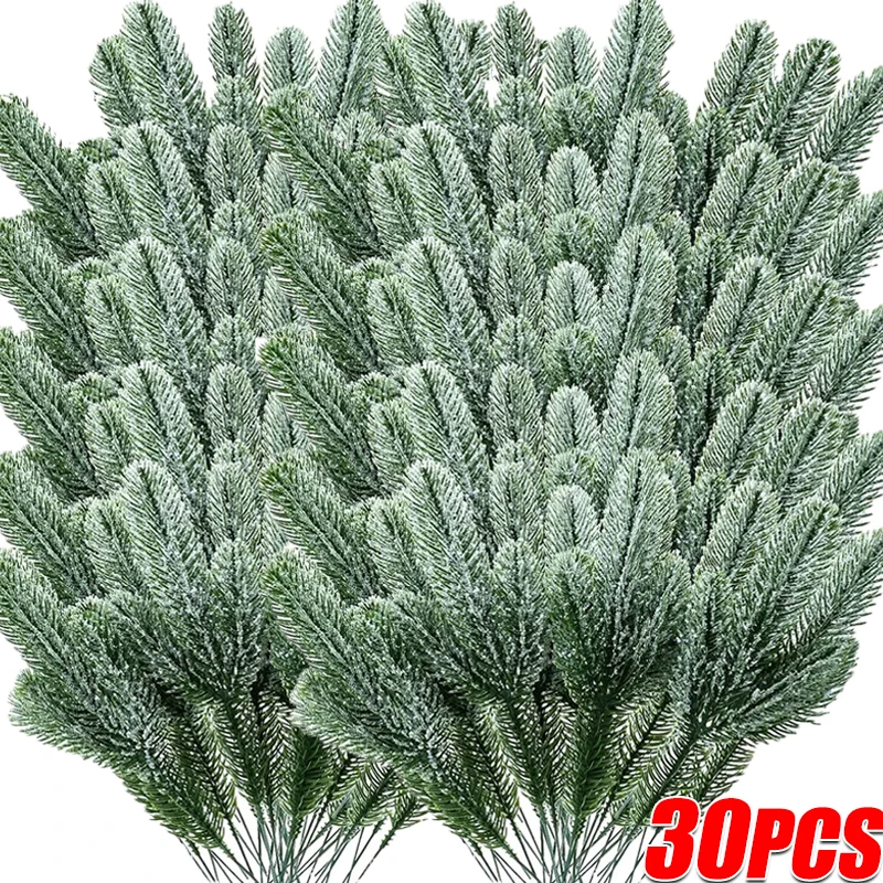 30/5Pcs Christmas Artificial Pine Needles Branches Snow Pine Fake Plants DIY Xmas Tree Wreath Ornaments Home Xmas New Year Gifts