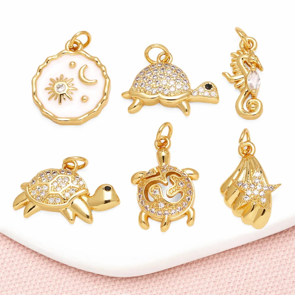 OCESRIO Trendy White Crystal Turtle Charms for Bracelet Copper Gold Plated Seahorse Scallop Jewelry Making Supplies chma307