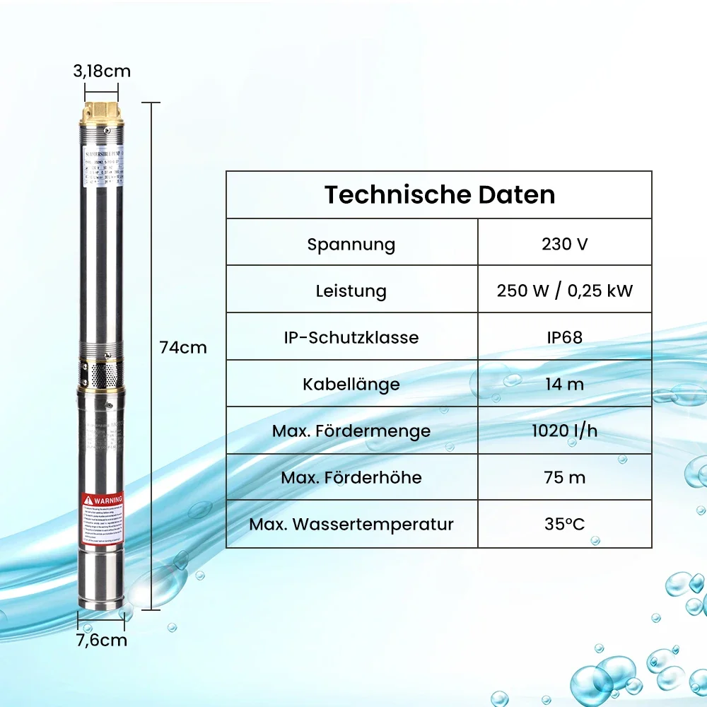 Bomba  agua para pozo profundo, tanquee acero inoxidable  230V, 39m, 3 pulgadas, 3800 L/h, 370W + Cable  2850RPM