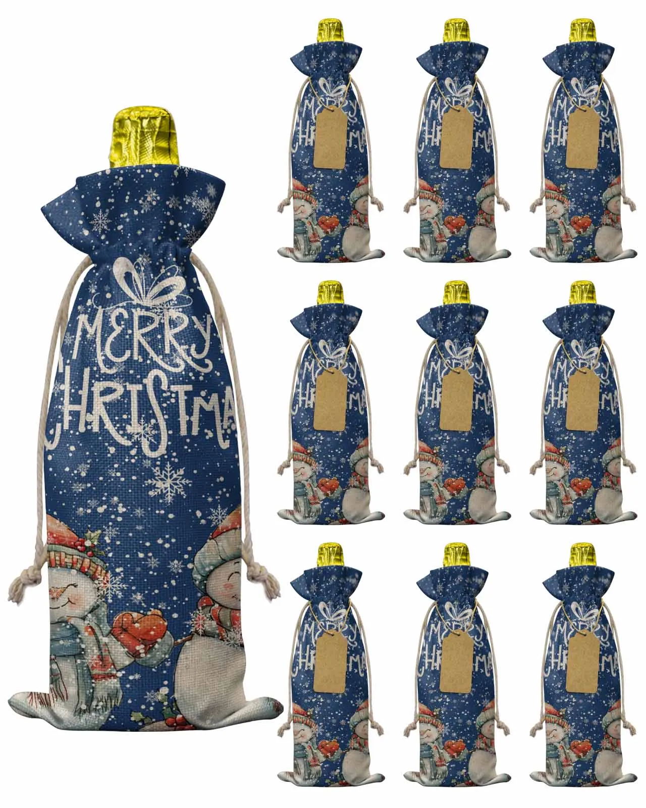 10pcs Hand Drawn Vintage SnowmanWine Bottle Bag with Drawstring Festive Party Decor Wine Bottle Covers Gift