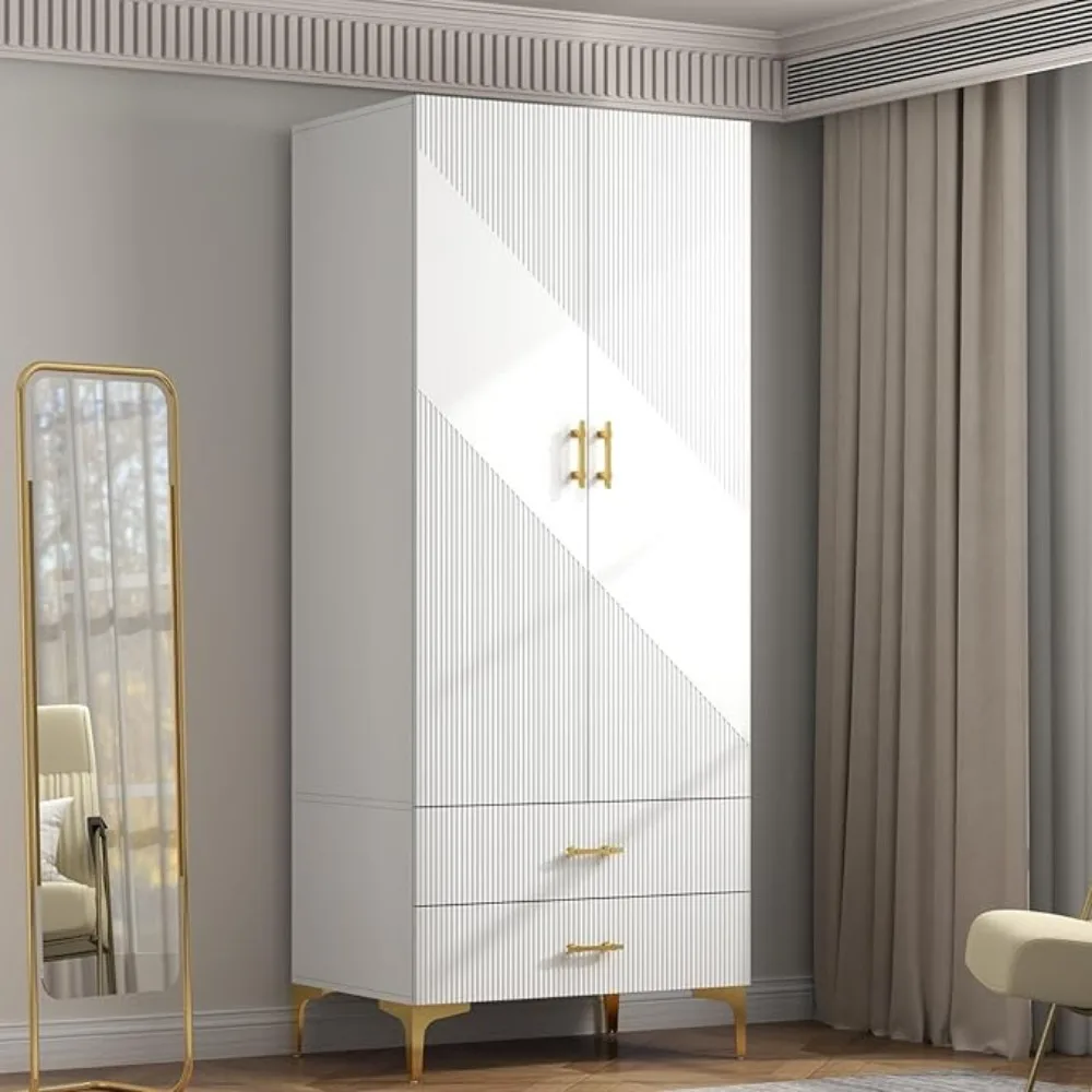 Wardrobe Armoire with 2 Drawers, 2 Doors and Hanging Rods, Twill Wooden Closet Storage with Metal Cabinet Legs, White