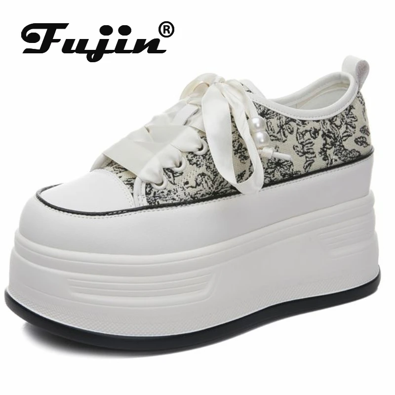 

Fujin 9cm Denim Stretch Fabric Genuine Leather Casual High Brand Spring Bling Autumn Platform Wedge Shoes Chunky Sneaker Shoes