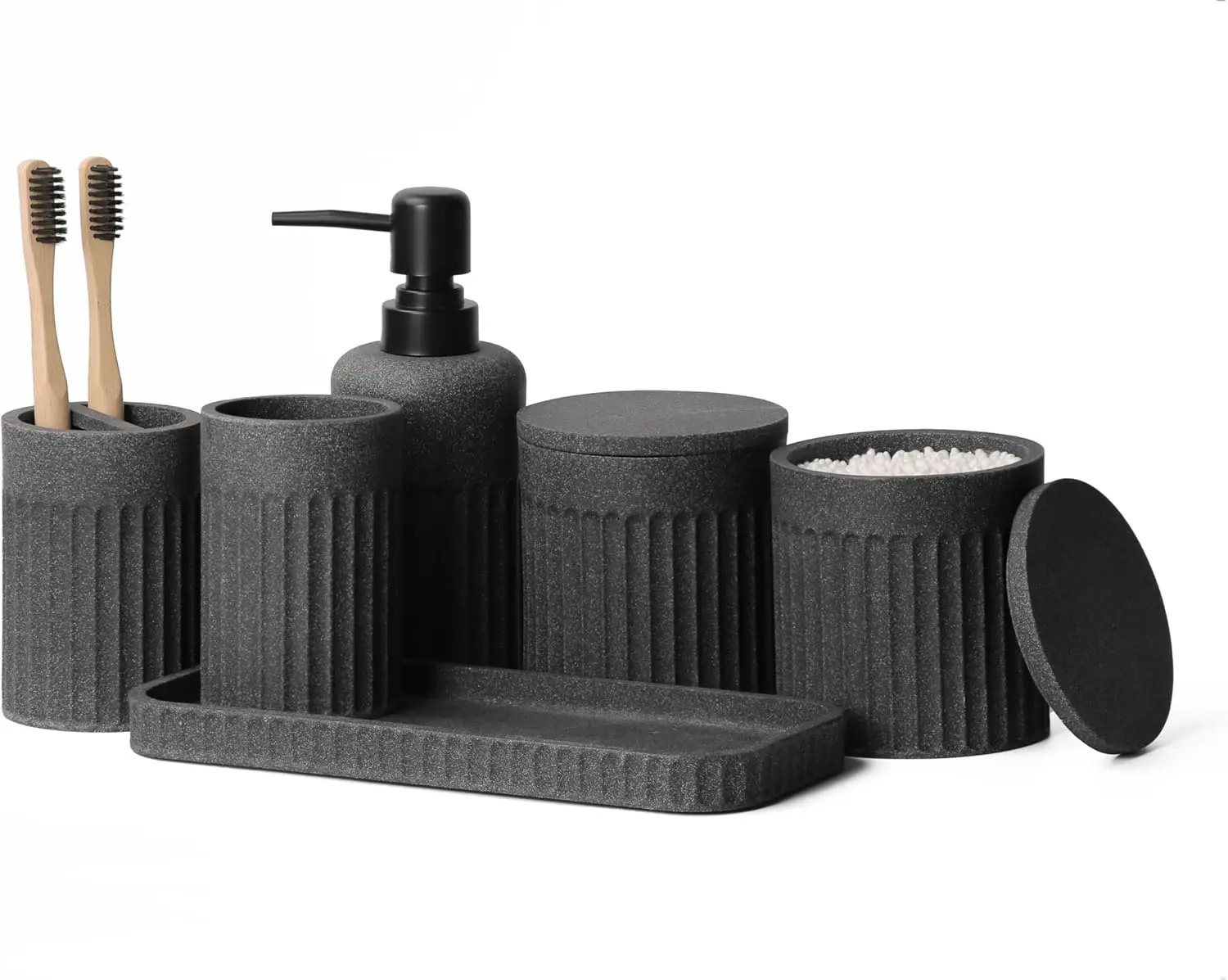 

6-Piece Bathroom Accessory Set with Soap Dispenser, Holders, Tray - Dark Grey for Home Decor