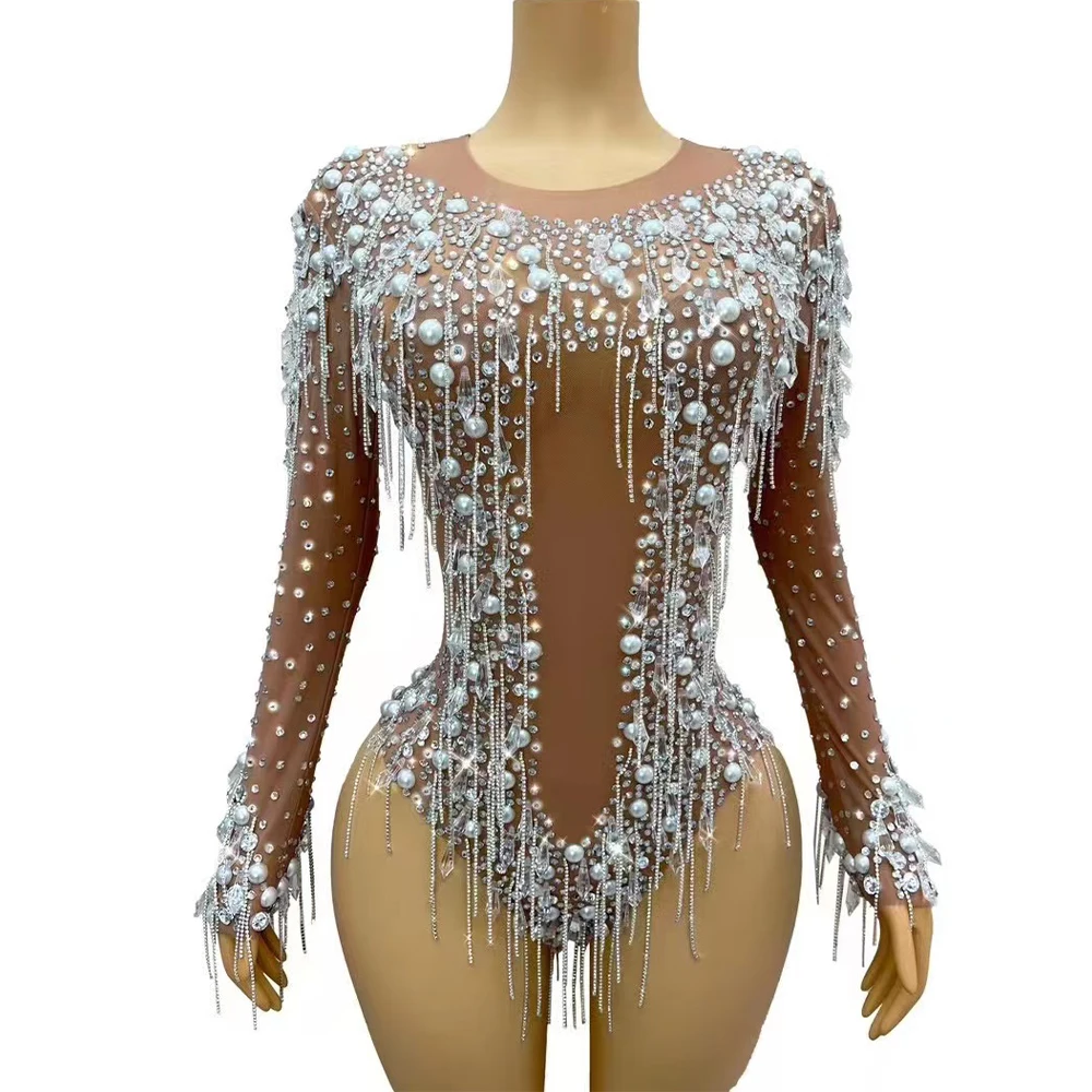 

Sexy Silver Rhinestones Pearls Chains Leotard Evening Birthday Crystals Fringes Bodysuit Costume Performance Photoshoot Outfit