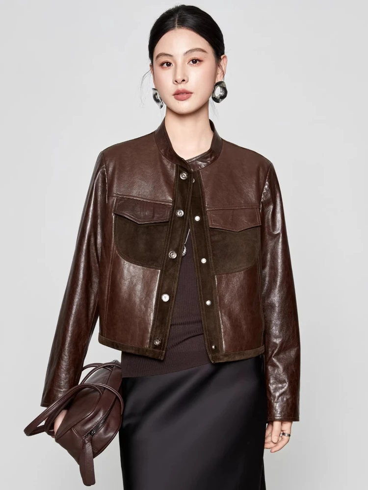 

Vintage Genuine Leather Motorcycle Jackets for Women Spring Autumn High-end Simple Stand Collar Slim Cropped Real Sheepskin Coat