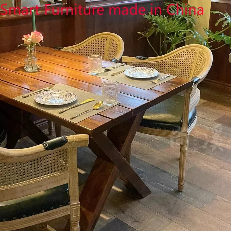 Customized solid wood dining table rectangular dining cafe Western restaurant resort retro big table log dining table workbench