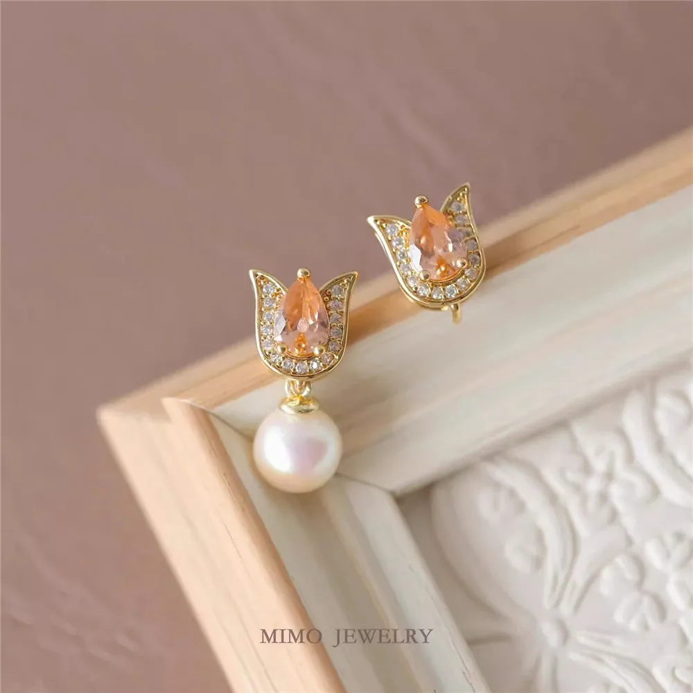 

Copper Plated Real Gold Exquisite Peach Zircon Tulip Stud Earrings DIY Handmade Charm Accessories E008