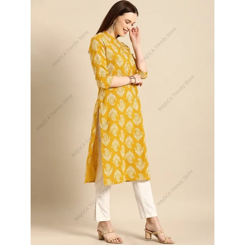 Women's Indian Style Cotton Printed Tunic Top Blouse with 3/4 Sleeves and Mandarin Collar India Dress Kurta Kurti - view 3