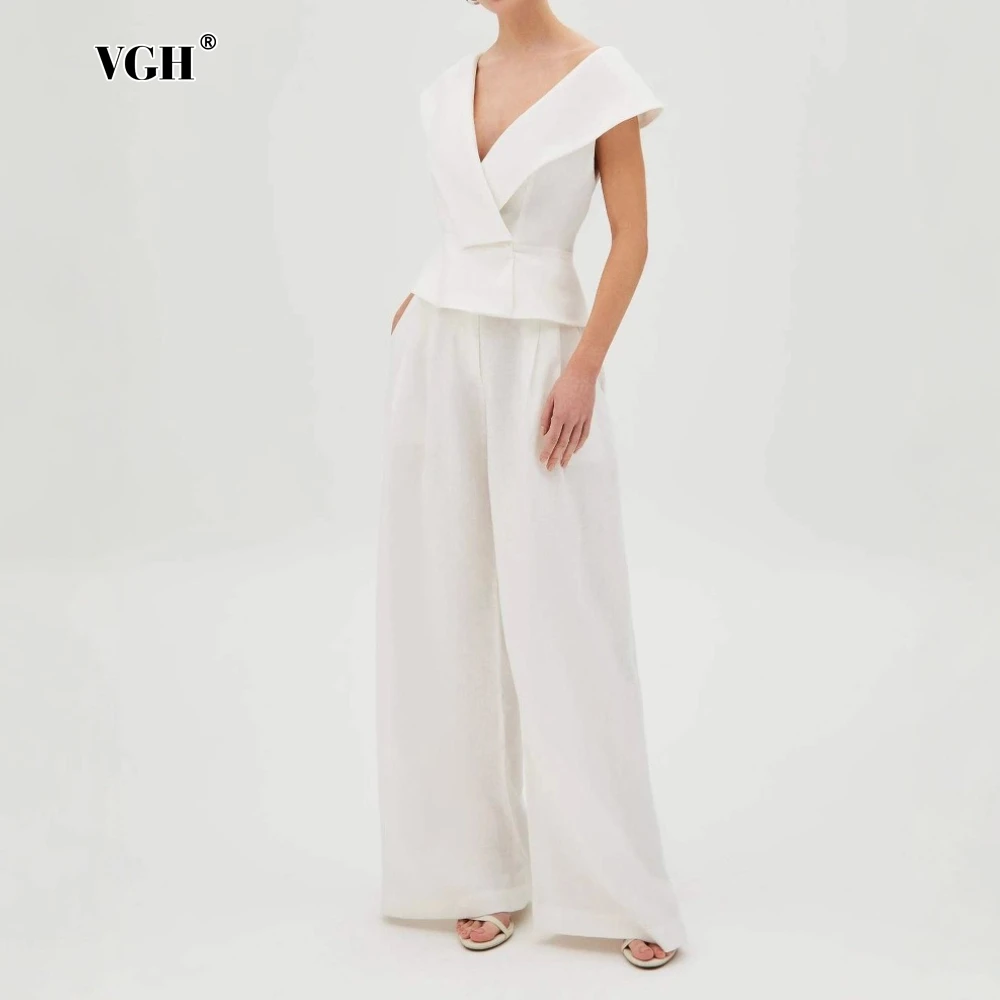 

VGH Temperature Sheer Two Piece Set for Women V Neck Sleeveless Slim Top High Waist Fashionable Straight Leg Pants Suit Female