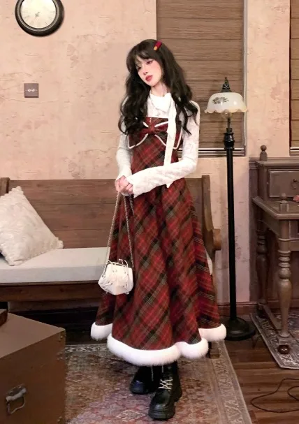 2025 الربيع والخريف خمر منقوشة قصيرة سترة سترة القوس عالية الخصر فستان بحزام أبيض كم طويل الداخلية ثلاث قطع مجموعة #5