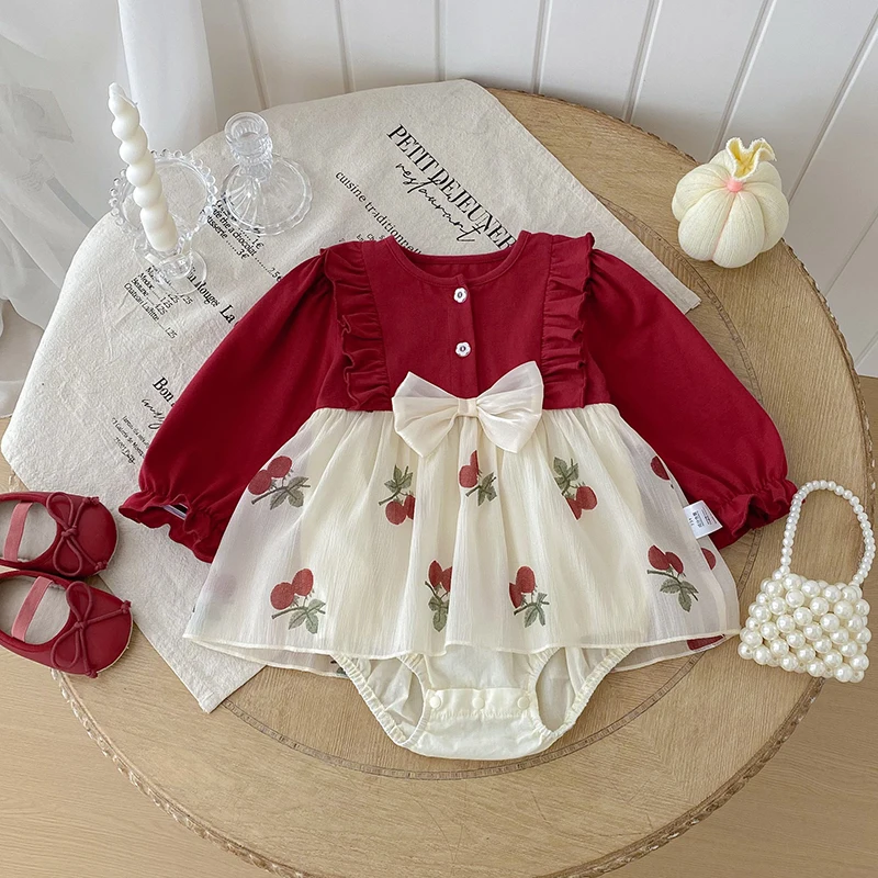 Romper Bayi Perempuan Baru Lahir Natal 0-3 Tahun Romper Bayi Musim Gugur Bodysuit Pita Anak-anak Strawberry Onepiece Pakaian Bayi Modis
