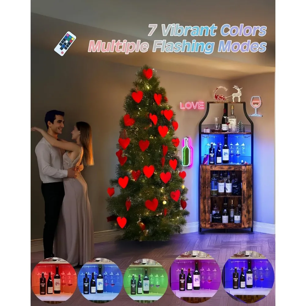 Eck-Barschrank mit LED-Licht, Weinbarschrank und Glashalter, 5-stufiger Stauraum, Eckschrank für Spirituosen, industrieller Wein