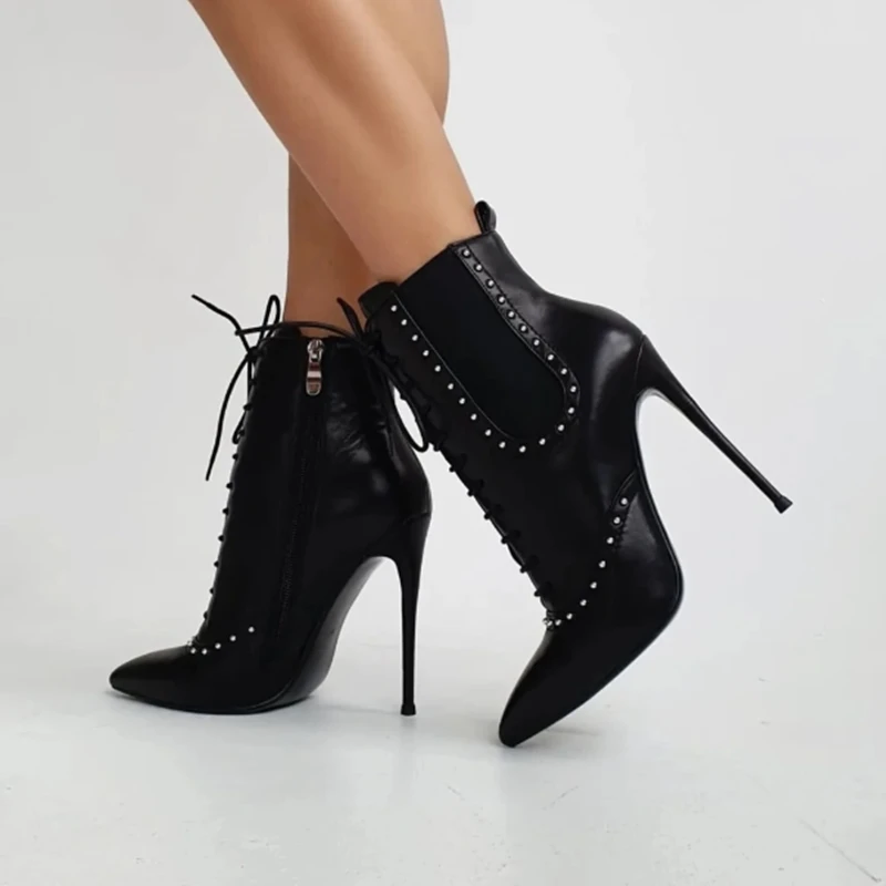 

Modern Black Leather Lace Front Lace Boots Studded Pointed Toe Tie up Stiletto High Heels Women Short Booties