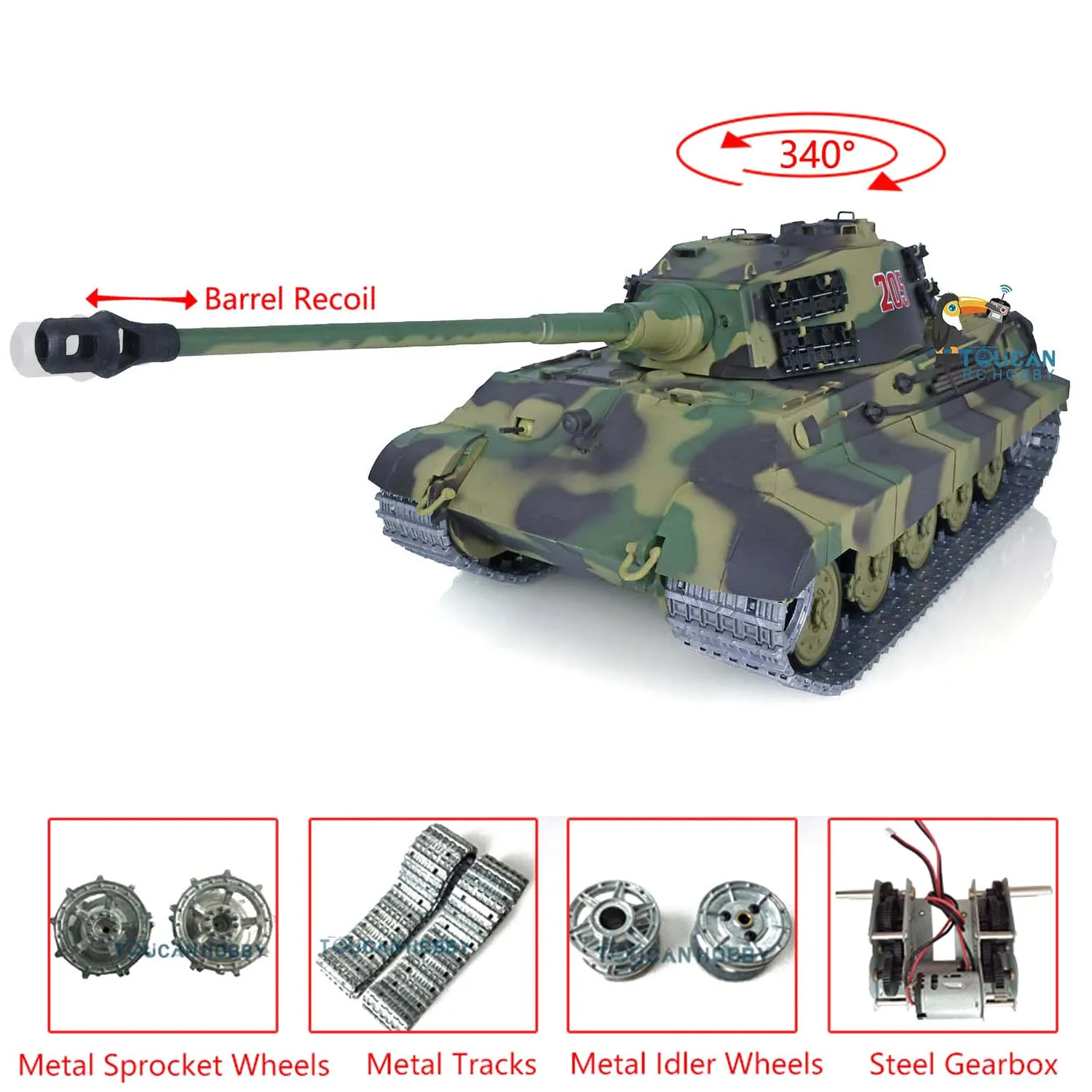 1/16 HENG LONG 2.4G 7.0 King Tiger RC Tank 3888A Metal Track Barrel Recoil TH17524-SMT4