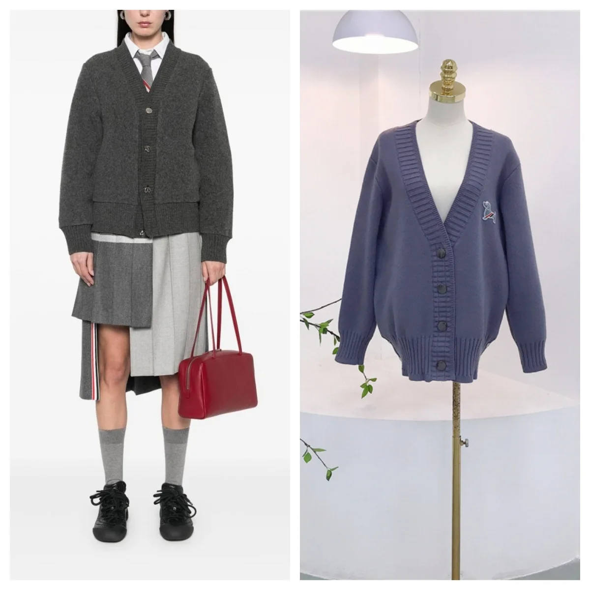 8201 Grauer Mantel Herbst Winter Britischer Stil Lose Faule Großer V-Ausschnitt Welpen Stickerei Knopf Mittellange Strickjacke