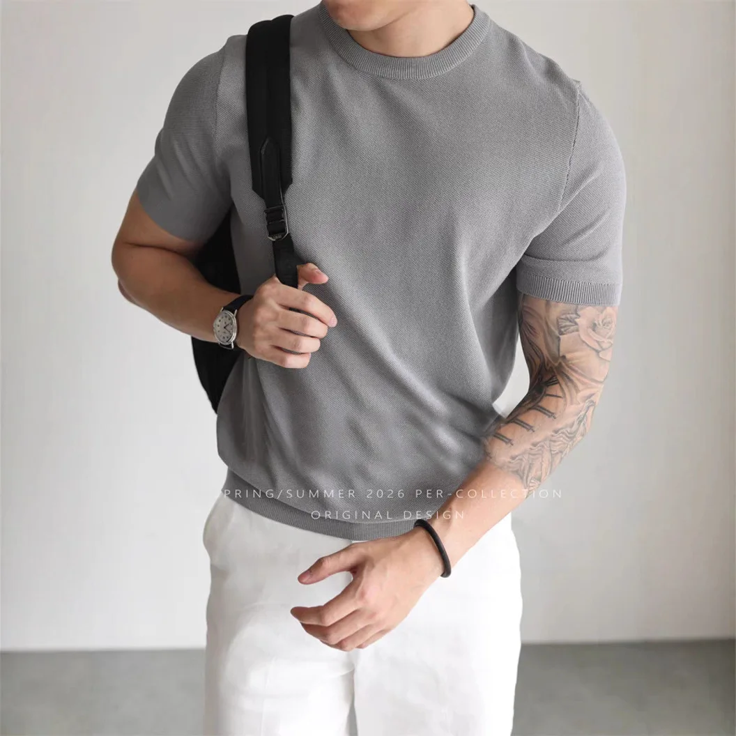 

2026 Summer New Men's Cool Breathable Knit T Shirt Slim Fit Mock Neck Short Sleeve Casual Workwear Top