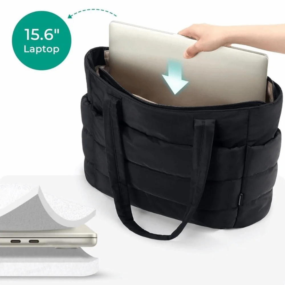 

Casual Large Capacity Cotton Padded Tote Bag Lightweight Soft Puffy Laptop Bag Simple Waterproof Commute Briefcase Shopping