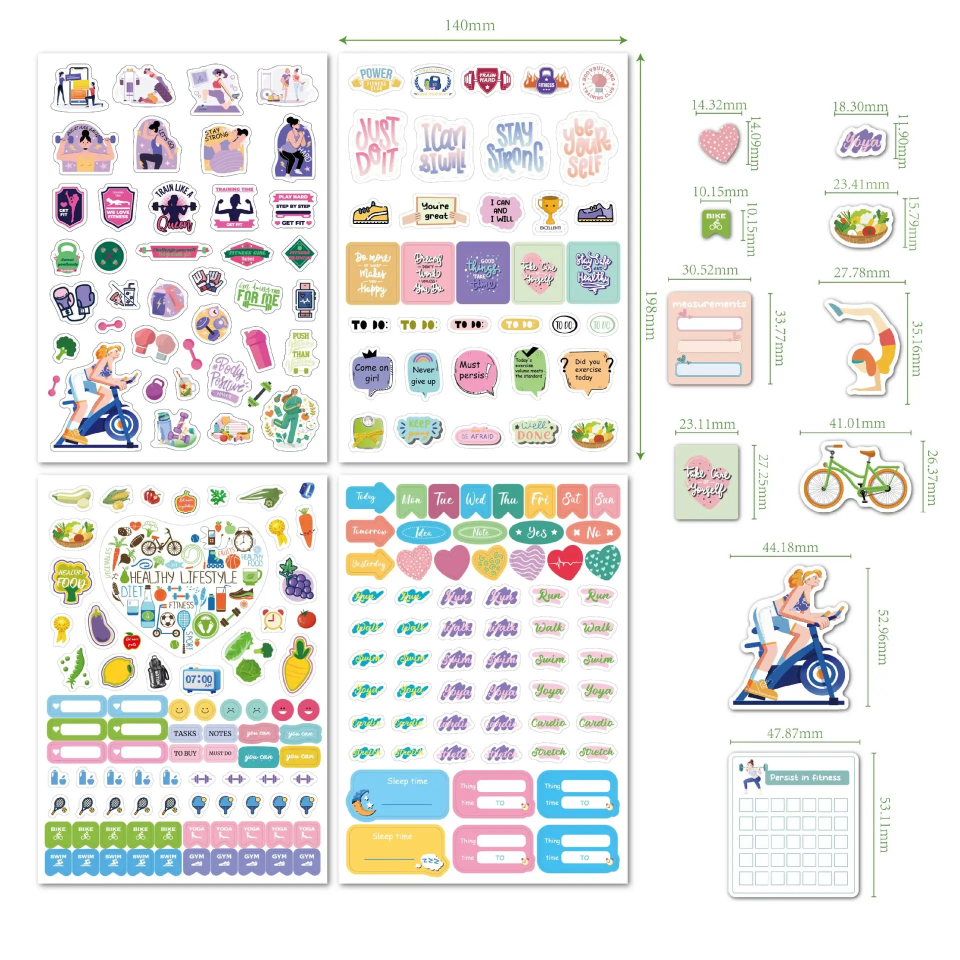 4 أوراق/مجموعة ملصقات اللياقة البدنية - أمي أو طالب، متتبع العادة، للمخطط الأسبوعي واليومي أو التقويم أو المجلات - ملصق للنساء