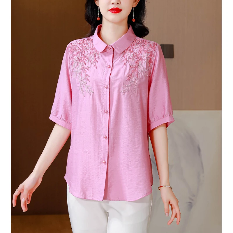 Women Fashion Vintage Embroidered Button Up Shirt 2024 Summer Elegant Cotton Linen Blouse Female Casual Short Sleeve Loose Tops