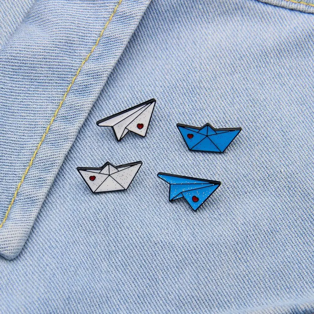 Paper Plane Ship Enamel Brooch Love Heart Boat With  Awning White Childhood Memory Jewellery Lapel Pin Keepsake Badge