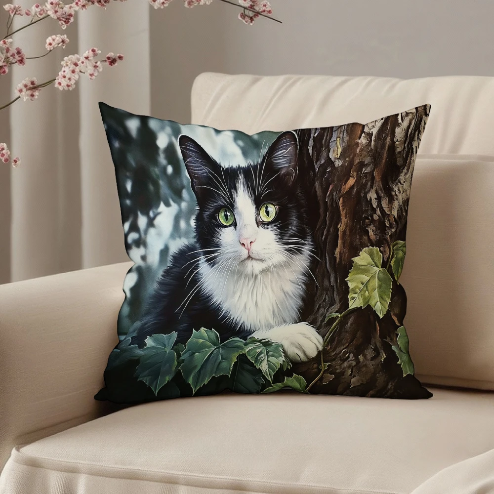 Square Throw Pillow Case Black And White Cat Printing Green Leaves Tree Bark Pattern Decorative Cushion Cover For Living Room So
