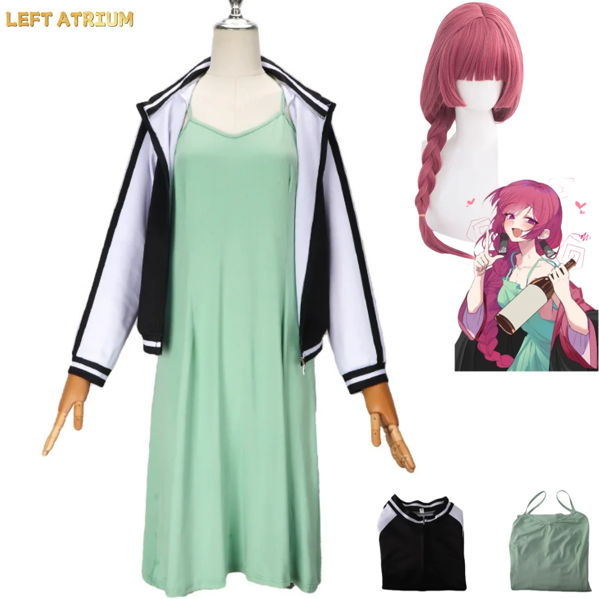 Anime Bocchi The Rock! Disfraz de Cosplay de Hiroi Kikuri, Chaqueta de Béisbol, Vestido Verde con Tirantes, Peluca, Disfraz Sexy para Mujer, Halloween, Baile de Máscaras