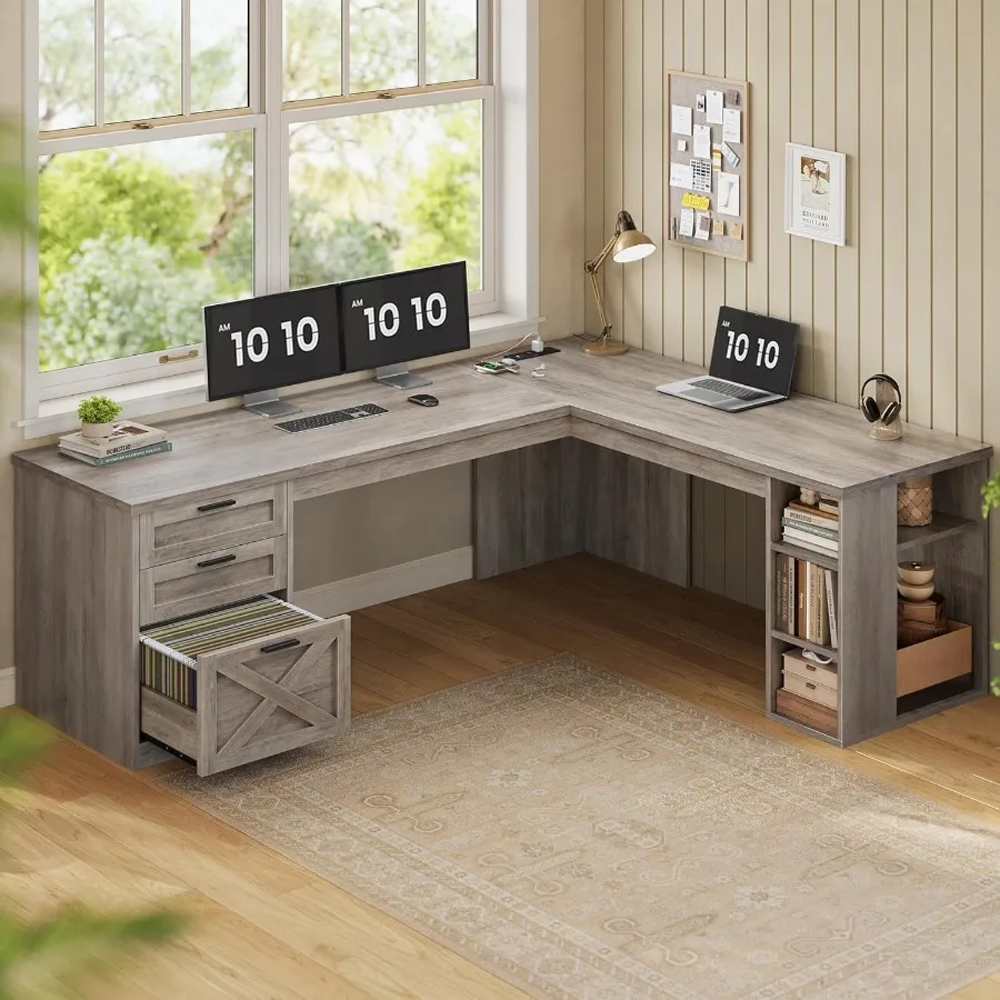 67 Scrivania da ufficio a forma di L con 3 cassetti e ripiani portaoggetti Scrivania angolare per computer con prese di corrente integrate per lavori remoti