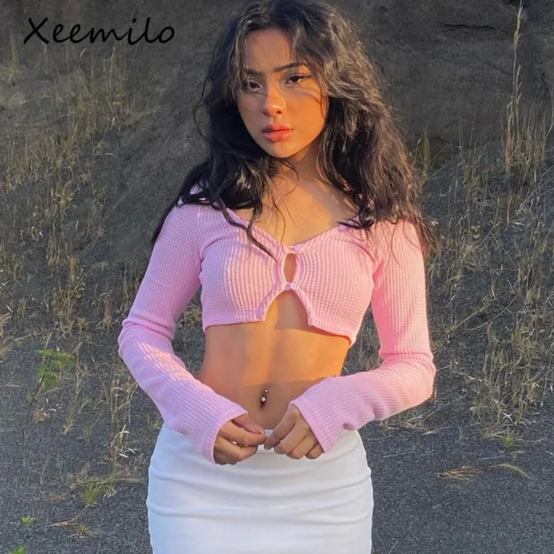 

Xeemilo Y2K Pink Ribbed Knit Crop Top French Gentle Long Sleeves Cardigan T Shirt Sexy High-waist Exposed Navel Women Slim Tops