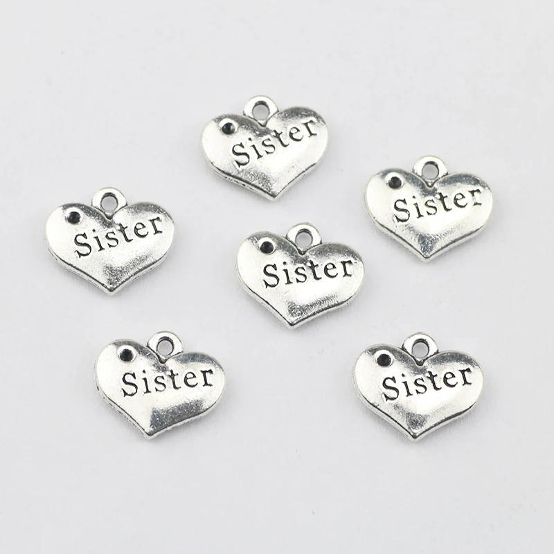 10Pieces 13x16mm Antique Silver Color Sister Heart-shaped Charms DIY Jewelry for Necklace